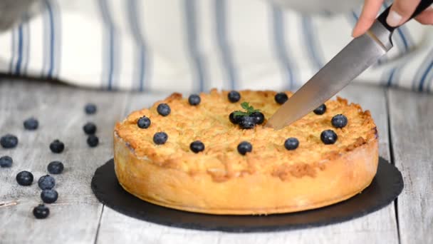 Femme coupe délicieux gâteau au fromage aux myrtilles, tarte . — Video