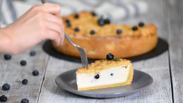 Γυναίκα τρώει νόστιμα Cheesecake με βατόμουρα. — Αρχείο Βίντεο