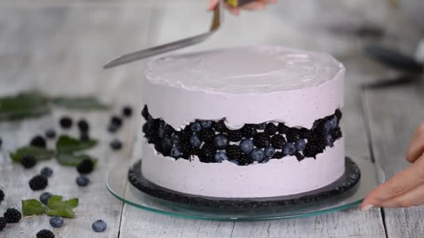 Confectioner jämnar ut lila grädde på en kaka med en matlagning spatel. Begreppet hembakat bakverk, matlagning kakor — Stockvideo
