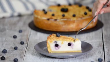 Lezzetli yaban mersinli cheesecake yiyen kadın..