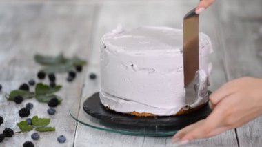 Şekerleme spatulalı bisküvi kekinin üzerine mor krema. Ev yapımı hamur işi, kek pişirme....
