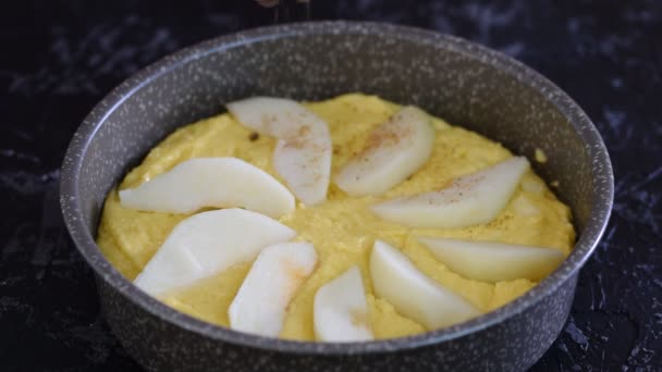 Proceso de hacer un delicioso pastel de pera. El chef de pastelería espolvorea el pastel con azúcar morena . — Vídeo de stock