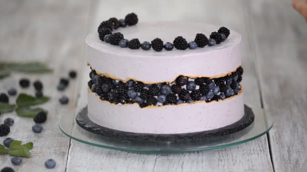 Confectioner dekorerar en vacker kaka med blåbär och björnbär. — Stockvideo
