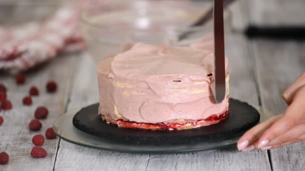 A menina suaviza o creme no bolo. O conceito de pastelaria caseira, bolos de cozinha . — Vídeo de Stock