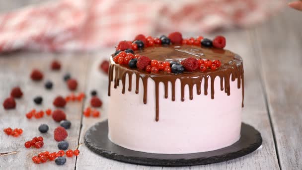 Confectioner decorates with berries a biscuit cake with pink cream and chocolate. Cake stands on a wooden stand on a white table. The concept of homemade pastry, cooking cakes. — ストック動画