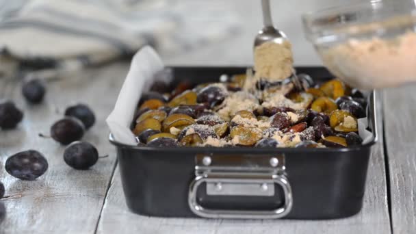 Mains féminines faisant tarte aux prunes avec crumble . — Video