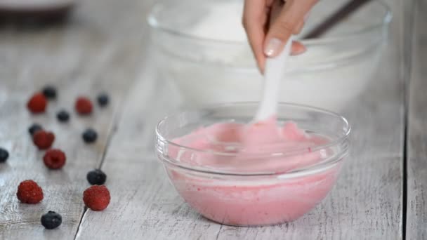 Stap voor stap maken vrouwelijke handen bessen mousse. Het concept van zelfgemaakt gebak. — Stockvideo
