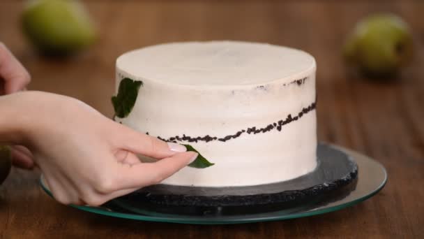 Confeiteiro menina decora bolo de chocolate. O conceito de pastelaria caseira, bolos de cozinha . — Vídeo de Stock