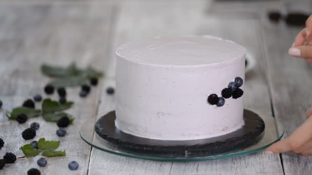 Confectioner decorates a beautiful cake with blueberries and blackberries. — Stock Video