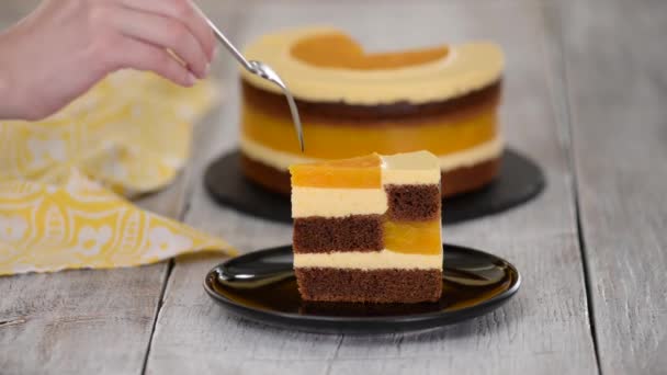 Pièce de gâteau au chocolat fait maison avec mousse de pêche et gelée. — Video