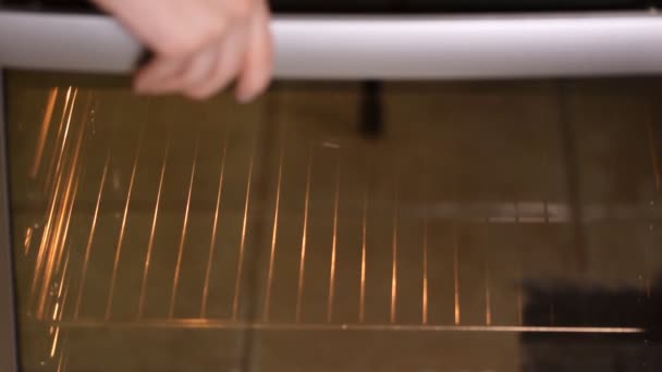 Punerea tortului crud în cuptor. Efectuarea tortului de burete . — Videoclip de stoc