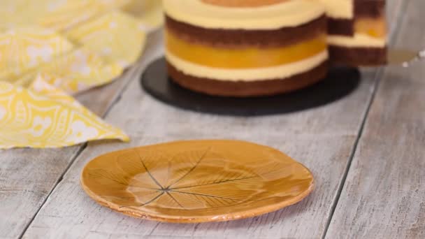 Кусок домашнего шоколадного бисквита с персиковым муссом и желе. — стоковое видео