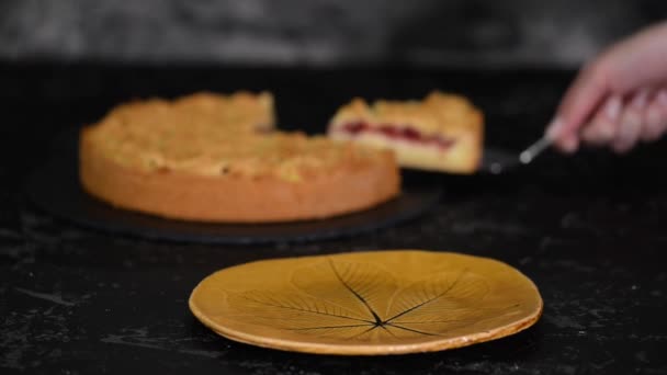 Stück köstliche Kirschtorte mit Mürbeteig und Vanillepudding. — Stockvideo