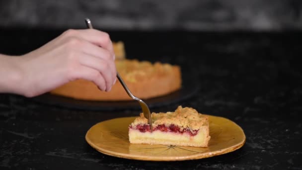 Pedaço de delicioso bolo de cereja com massa de shortcrust e pudim de baunilha . — Vídeo de Stock