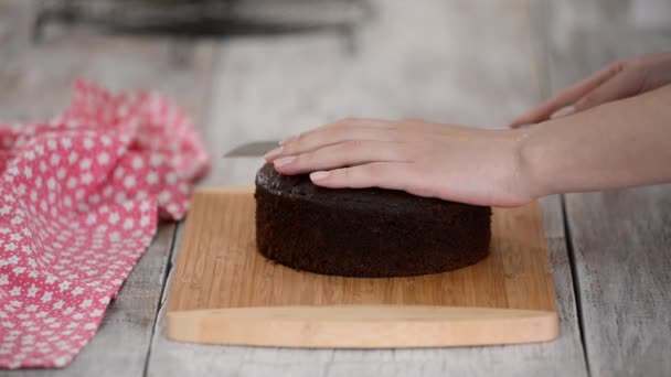 초콜릿 스펀지 케이크를 여러 겹으로 자르는 일. 집에서 케이크를 준비하는 모습. — 비디오