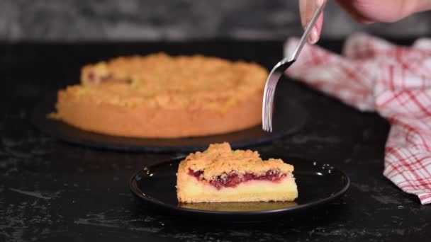 Stück köstliche Kirschtorte mit Mürbeteig und Vanillepudding. — Stockvideo