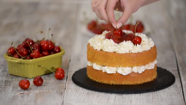 Jovem confeiteiro feminino decorando bolo de cereja nu . — Vídeo de Stock