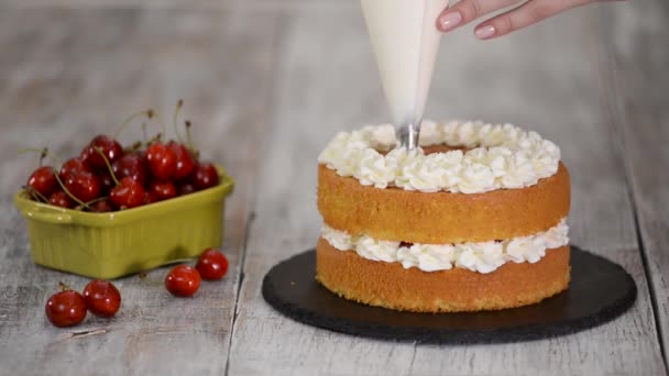 Kirschtorte mit Sahne aus dem Gebäckbeutel dekorieren. — Stockvideo