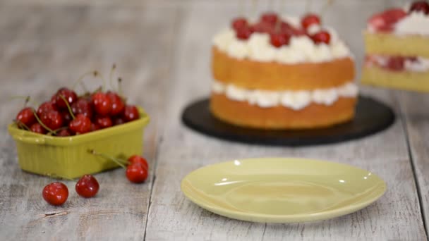 Piece of Cherry Cake met vanille crème. — Stockvideo