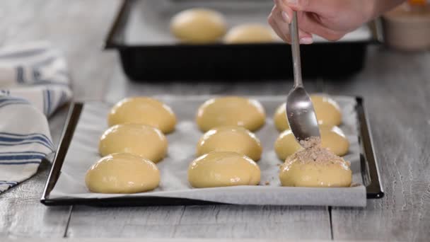 Pasta di lievito dolce cruda su una teglia da forno. Il concetto di cottura. — Video Stock