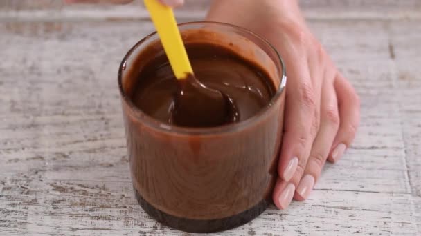 Flüssige dunkle Schokolade in Schüssel. Weibliche Hand mixt geschmolzene dunkle Schokolade mit Spachtel. — Stockvideo