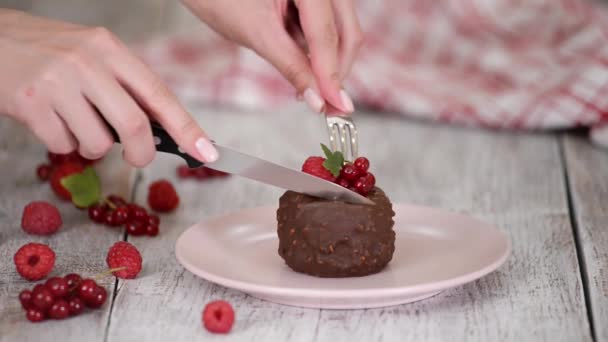 Corte de sorvete de baga em esmalte de chocolate . — Vídeo de Stock