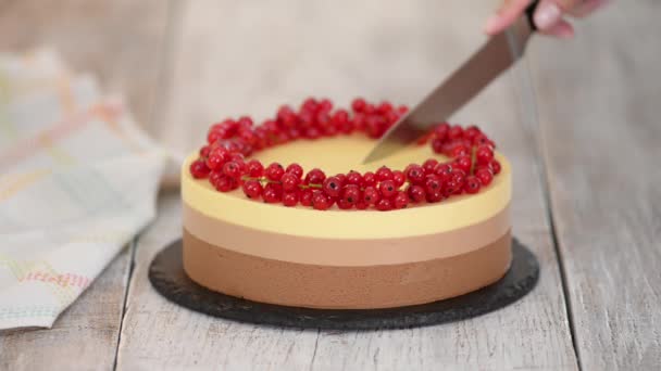 Cortar un pastel de mousse de chocolate triple con grosella roja. — Vídeos de Stock