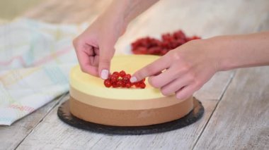 Taze böğürtlenlerle süslenmiş üç kat çikolatalı kremalı pasta..