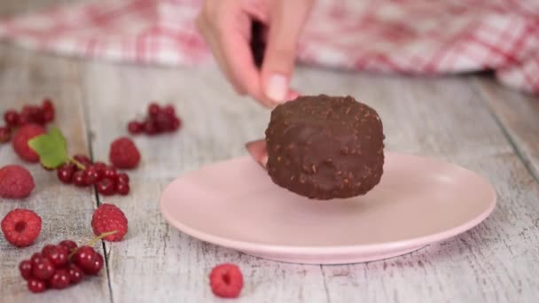 Portion de gâteau de crème glacée au chocolat. — Video