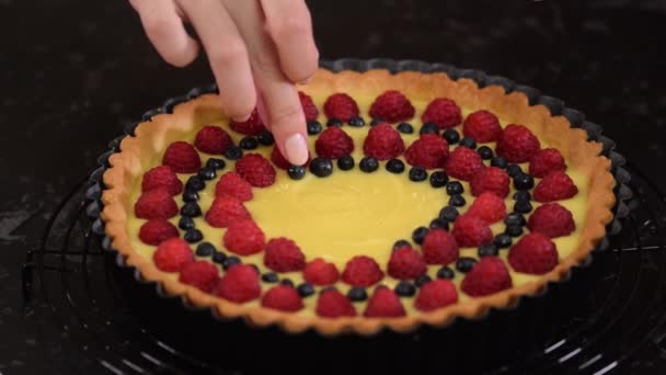 Mujer haciendo tarta de bayas con pudín y gelatina. — Vídeos de Stock