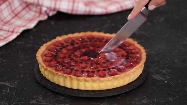 Crostata di bacche da taglio con crema pasticcera e gelatina. — Video Stock