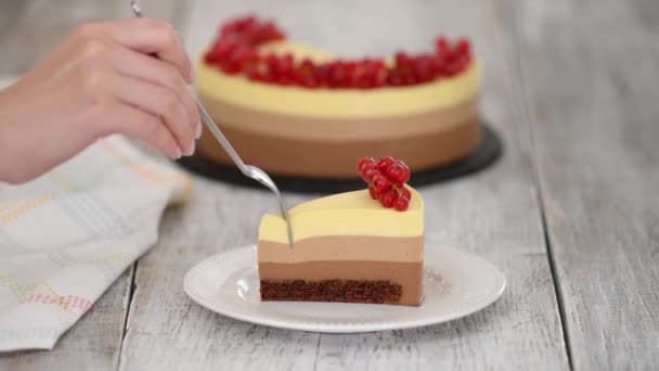 Pedazo de pastel de mousse de chocolate triple con grosella roja. — Vídeos de Stock