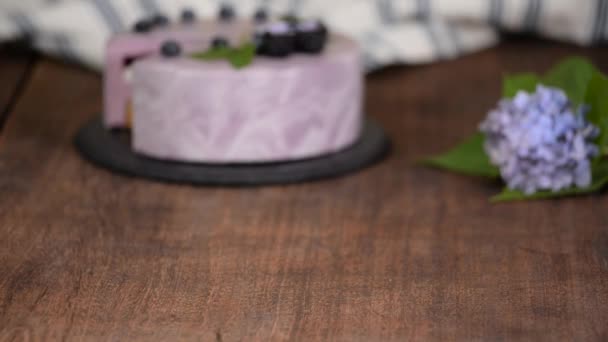 Piece of Layered Berry Mousse Cake with Mirror Glaze. — Stock video