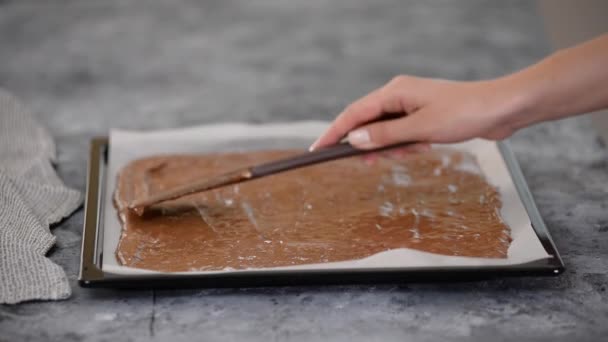 把生巧克力面团撒在烤盘上. — 图库视频影像