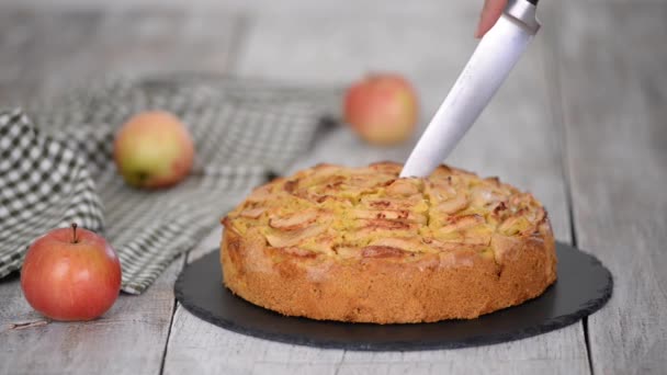 Skæring et stykke lækker æblekage med en kniv. – Stock-video