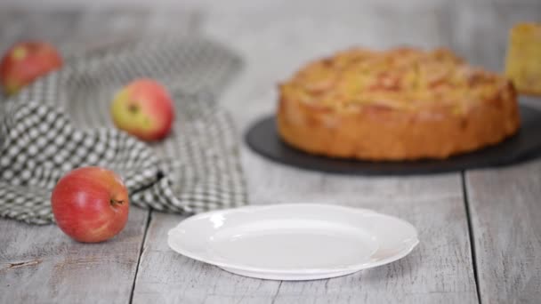 Stück leckerer Apfelkuchen. — Stockvideo