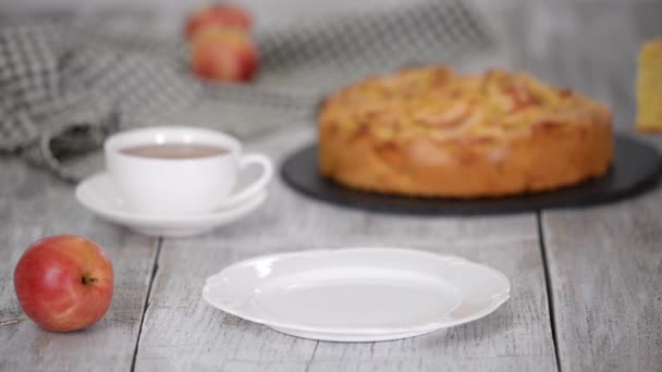Kawałek pysznego jabłecznika z filiżanką herbaty. — Wideo stockowe