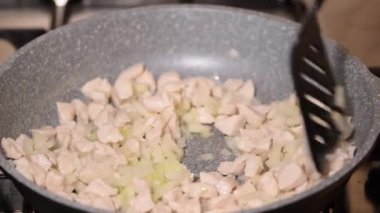 Kızarmış tavuk eti ve soğan. Kızartma tavasına yakın..