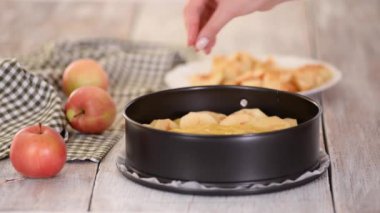 Elmalı turta yapıyorum. Kadın hamurun üstüne elma dilimleri koyar..