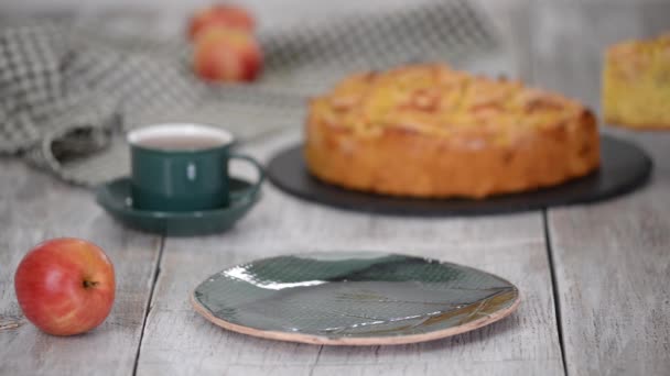 Pedaço de delicioso bolo de maçã. — Vídeo de Stock