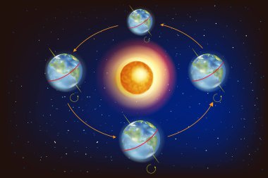 Dünya üzerindeki mevsim. Dünya'nın konumu ile ilgili olarak ekinoksların ve solstices de güneşin gösteren çizim.