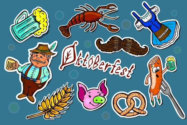 Set of Oktoberfest cartoon stickers. Craft beer hand drawn elements set. Comic style.