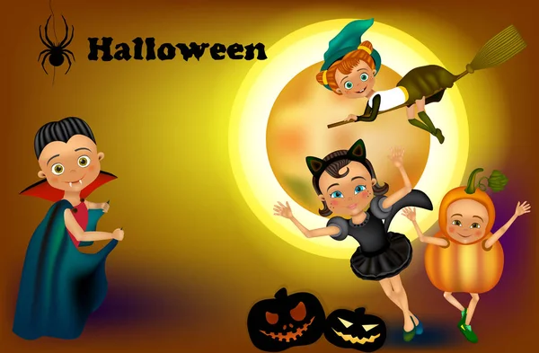 Çocuklu Mutlu Cadılar Bayramı Partisi Halloween Kostümleri Çocuklar Cadı Dracula — Stok Vektör
