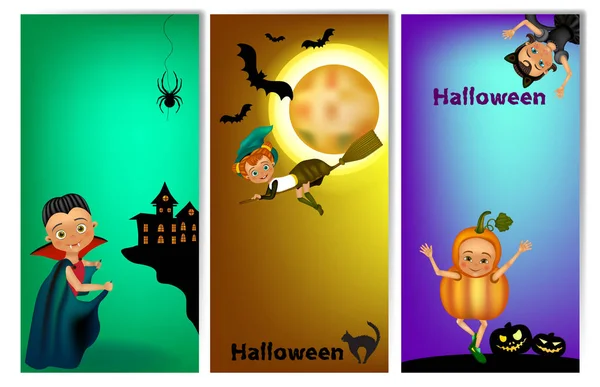 Set Aus Drei Vertikalen Halloween Bannern Mit Niedlichen Kindern Kostümen — Stockvektor