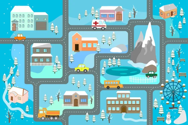 Inverno Artoon Mapa Padrão Sem Costura Estradas Carros Casas Mapa —  Vetores de Stock