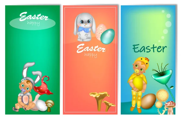 Şirin Çocuklar Kostüm Bunny Tavuk Ile Dikey Easter Afiş Kümesi — Stok Vektör