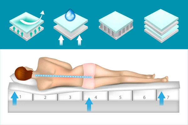 睡在床垫上的女人骨科的概念 分层结构骨科床垫 — 图库矢量图片