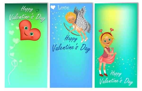 Set Van Drie Verticale Valentijnsdag Banners Met Schattige Kinderen Kostuum — Stockvector