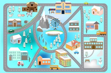 Kış artoon harita seamless modeli (yollar, ev ve araba). Çocuklar için şehir haritası. Karlı şehir manzarası, araba parça - oyun minderi. 