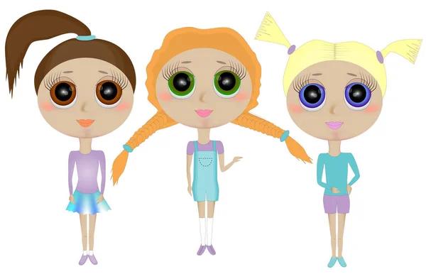 Τρεις χαρακτήρες αστείων μικρών κοριτσιών με μεγάλα κεφάλια. — Διανυσματικό Αρχείο